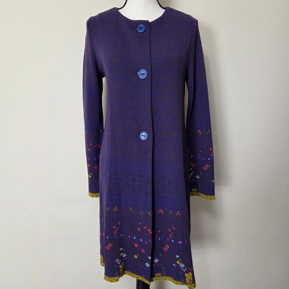 NWT Catherine Andre M Designer Quiet Luxury Jacquard Sweater Coatigan Purple